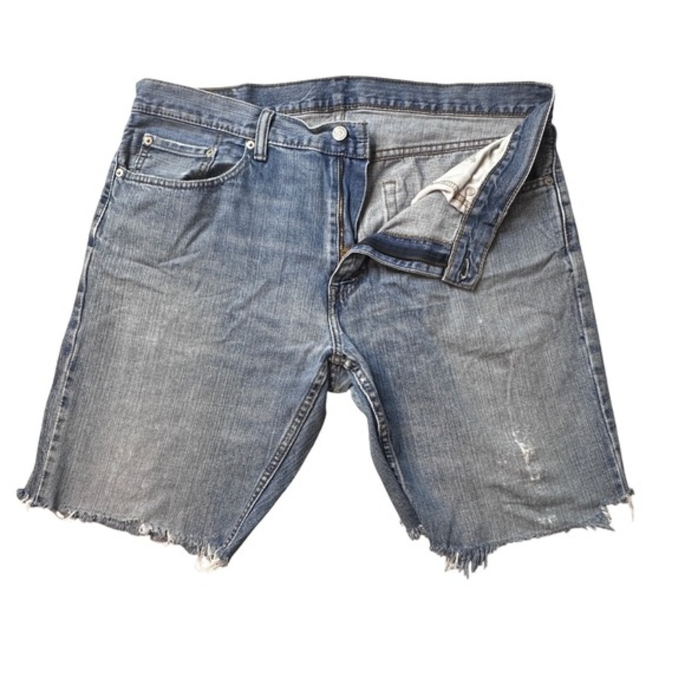 Levi's 559 Shorts Mens 36 Blue Relaxed Straight Cut Off Denim Distressed Patched